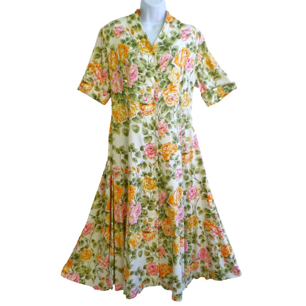 Vintage The J. Peterman Company Floral Maxi Dress Button Front Half Sleeves 14